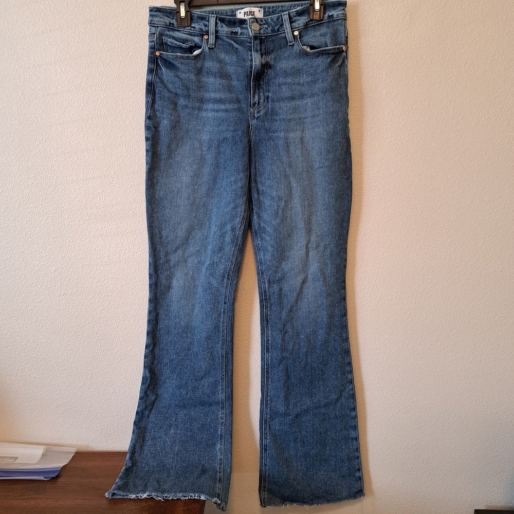 PAIGE Laurel Canyon High Rise Flare Jeans Medium Wash Raw Hem Size 30
